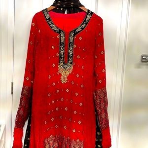 Beautiful red hand work shirt with trouser & duppatta
